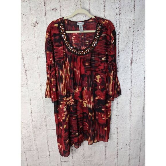 Catherines Red Flame‎ Accordion Pleat Tunic Top Size 3X Embellished V Neck Sheer - Picture 1 of 7